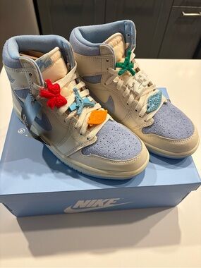 Nike Kids High-Top Sneakers in Light Blue and Cream with Multicolor Lace Charms